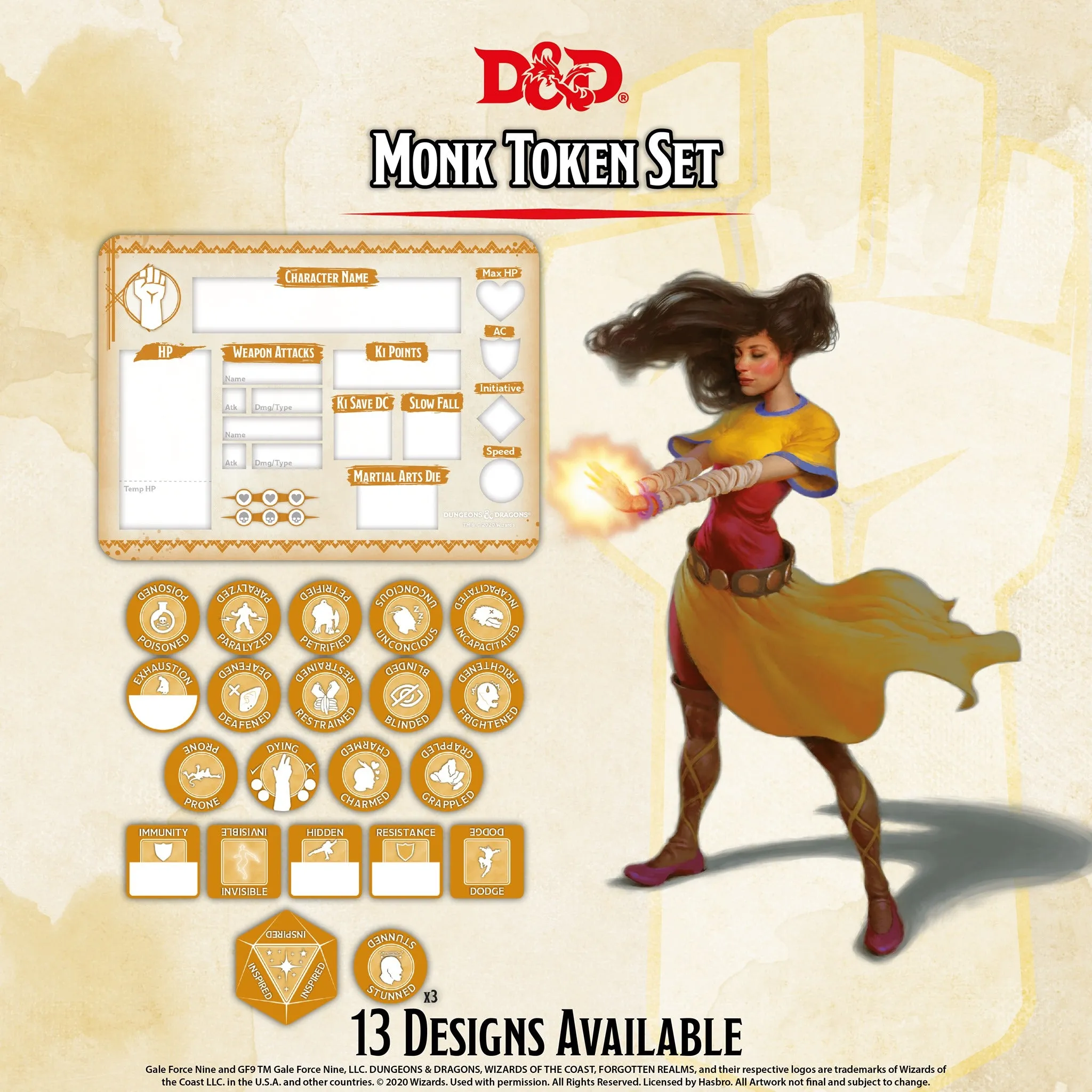 D&D RPG: Monk Token Set ( Player Board & 23 Tokens)