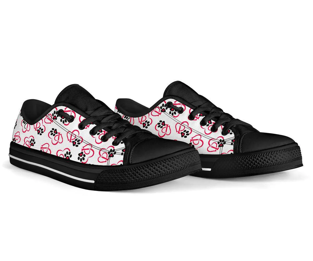 Red and White Hearts and Paws Low Top Sneaker - Black Custom Shoes